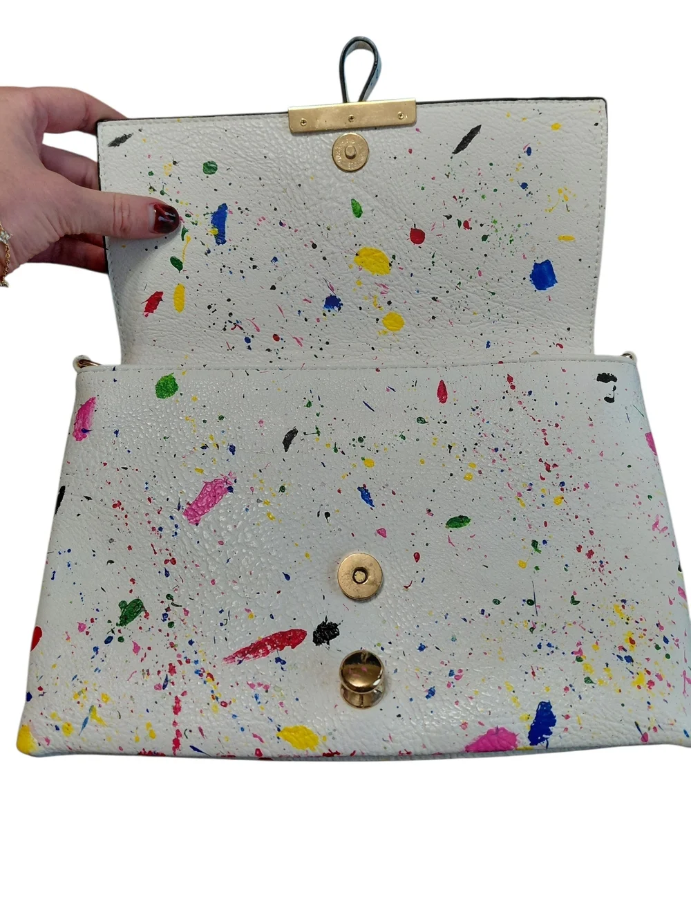 White Multicolor 80-90s Paint-Splatter Clutch with Gold Hardware